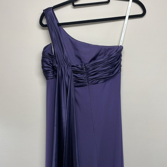 David’s Bridal One Shoulder Long Jersey Dress with Cascade Back Lapis Purple 8 - Picture 7 of 16